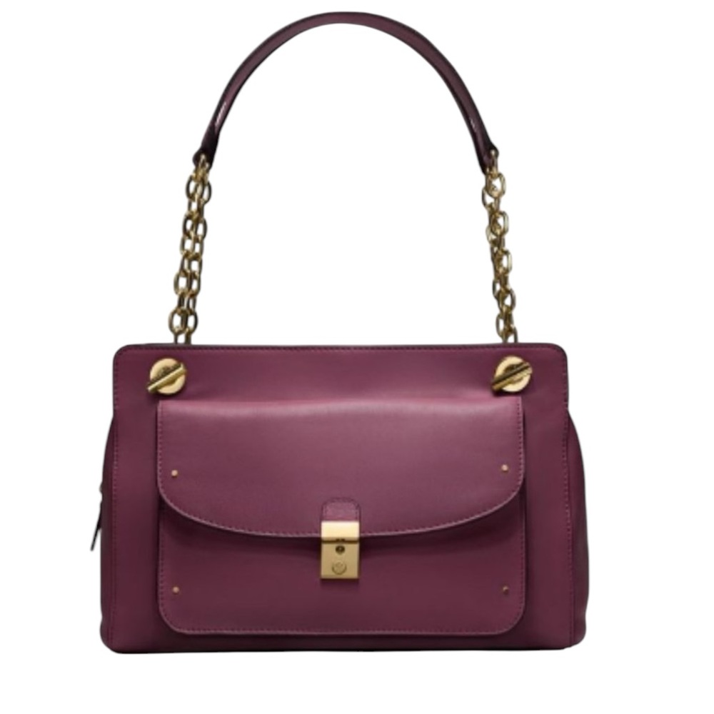 Tory Burch Priscilla gold chain plum leather shoulder bag handbag push lock